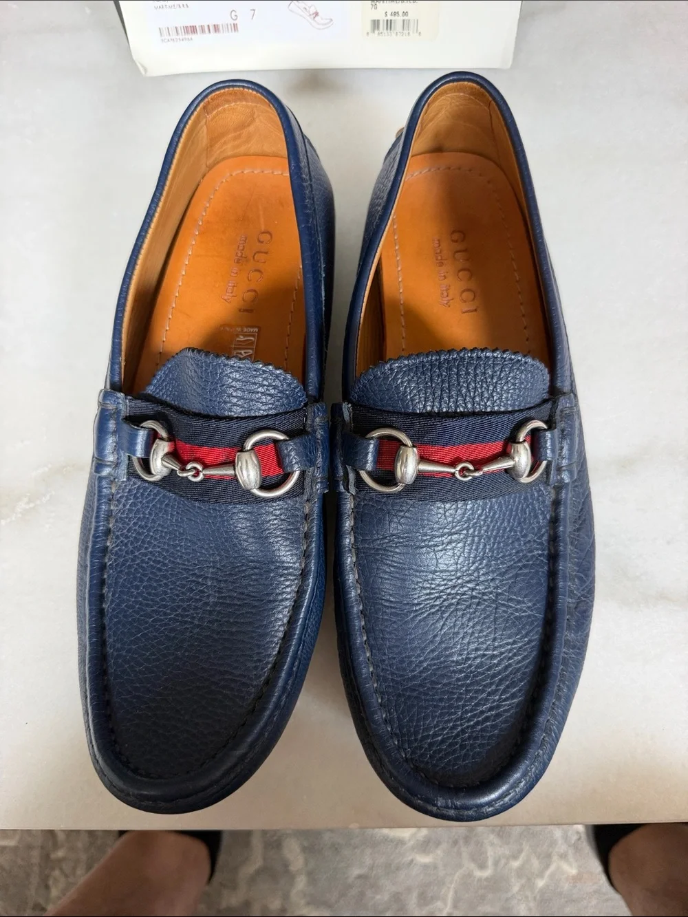 Gucci Navy Blue Leather Horsebit Loafers with Red-Web Accent